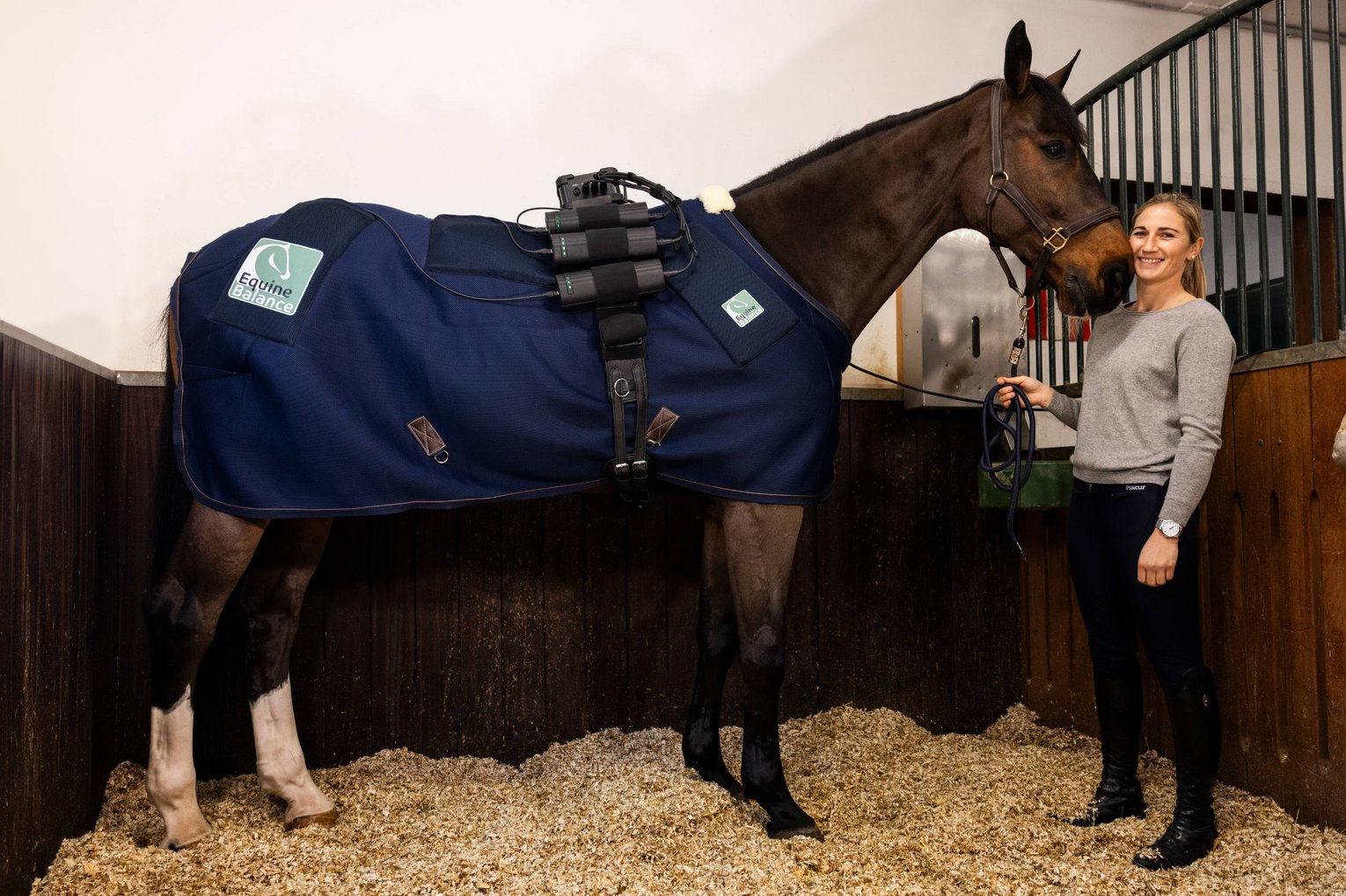 Ein Pferd mit Equine Balance Ganzkörpersystem und Katharina Rhomberg